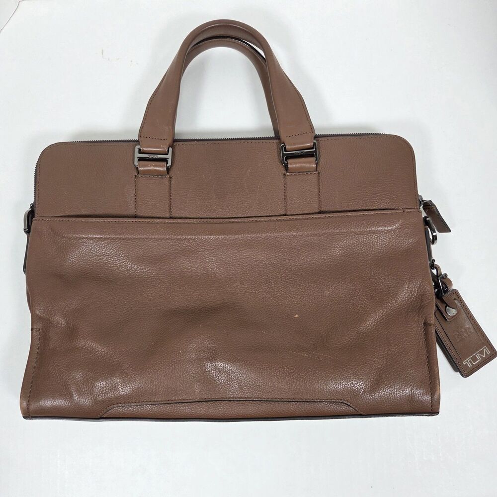 TUMI Slim Briefcase Brown Leather 11"H × 16.5"W Laptop Padded Work Bag